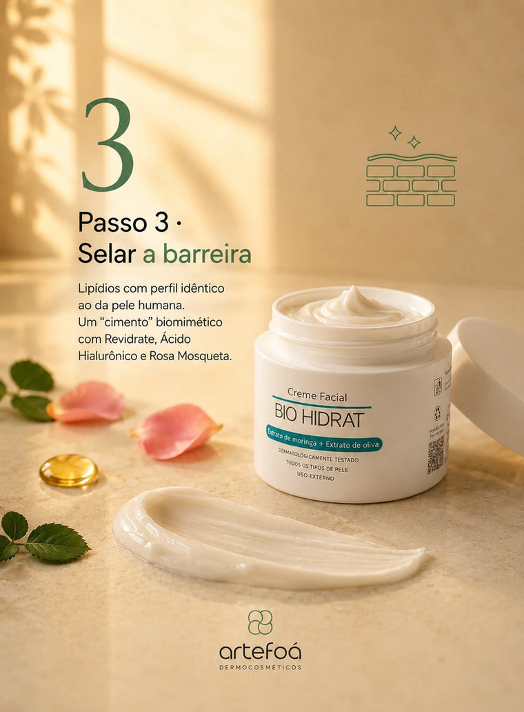 Passo 3, selar a barreira: Bio Hidrat, com lipídios de perfil idêntico ao da pele humana.