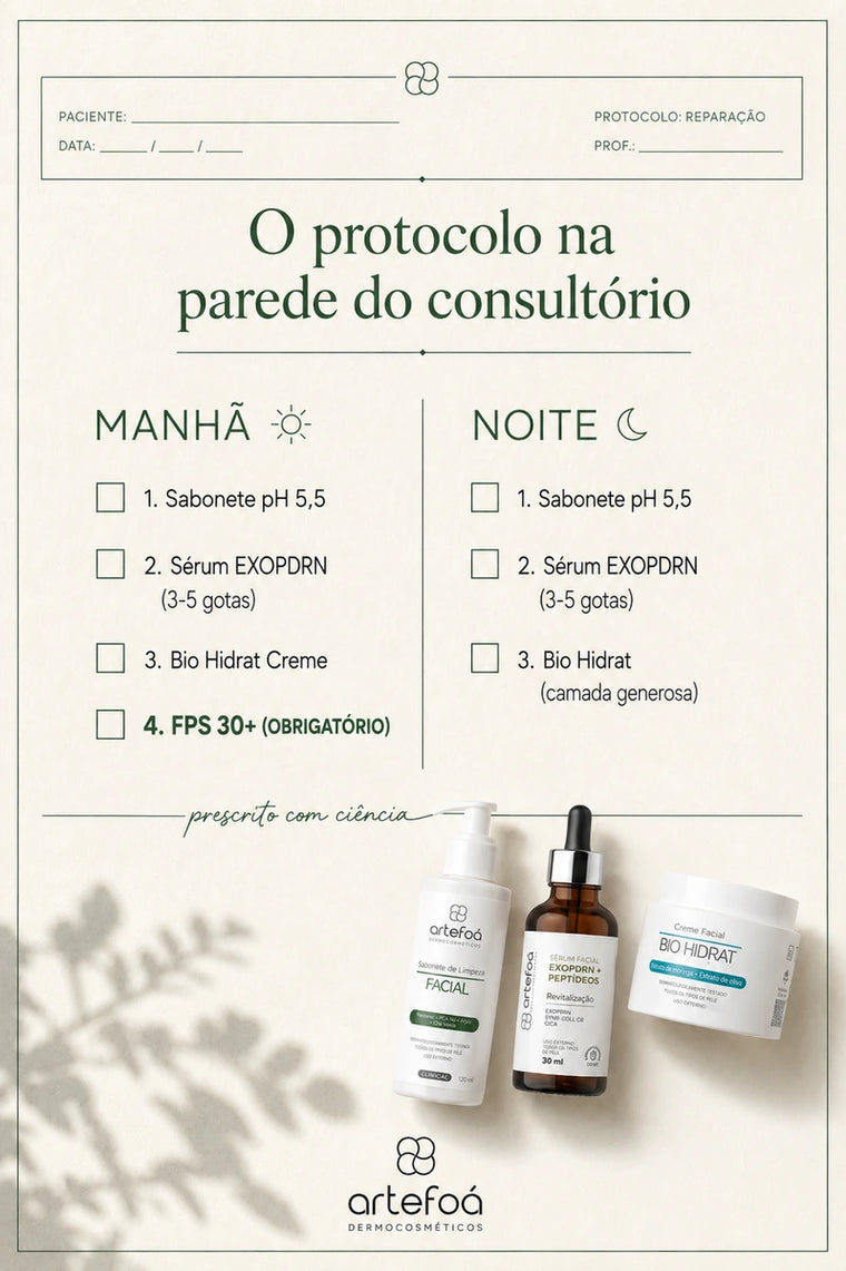 O receituário para a parede do consultório: manhã e noite, com FPS 30+ obrigatório.