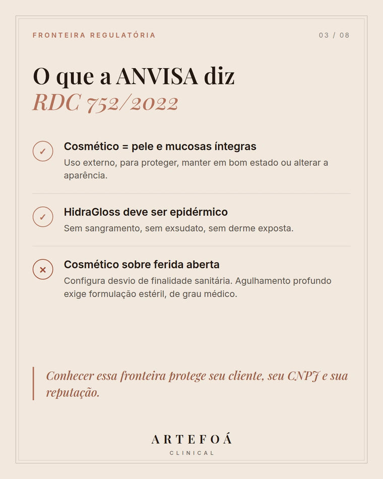 RDC 752/2022: cosmético é para pele e mucosas íntegras. Sobre ferida aberta, configura desvio de finalidade sanitária.